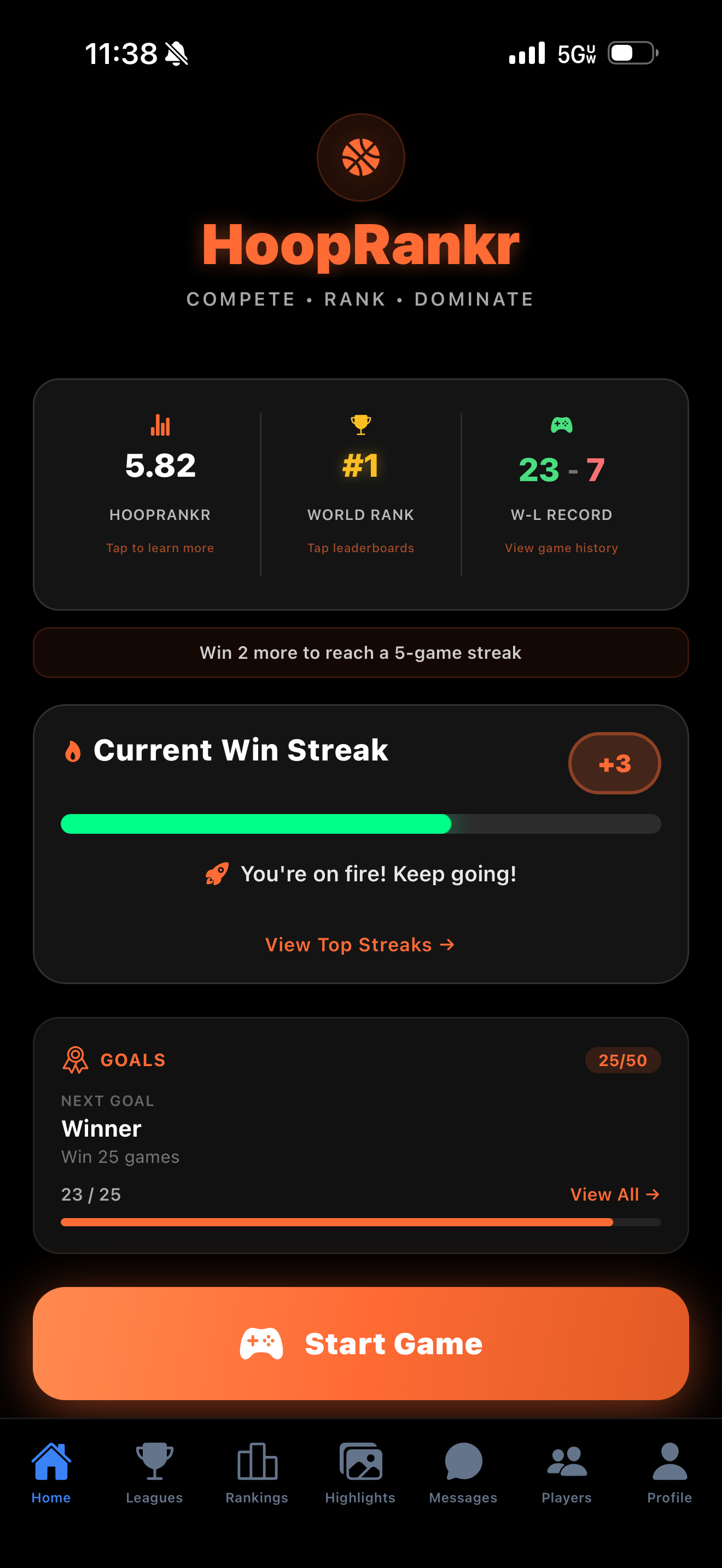HoopRankr home screen showing rank score, world rank, win-loss record, win streak, and Start Game button