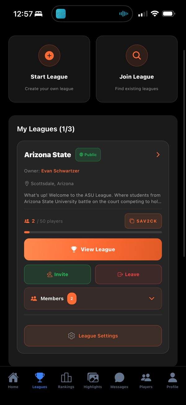 Leagues screen showing My Leagues, Arizona State league